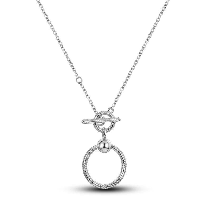 Silver O Pendant T-Bar Chain Necklace for Women Girl Jewelry Gift