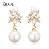 Flower Shape Pearl Dangle Earrings Zircon Bridal Wedding Jewelry