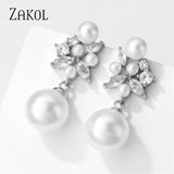 Flower Shape Pearl Dangle Earrings Zircon Bridal Wedding Jewelry