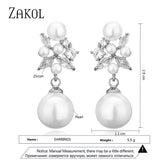 Flower Shape Pearl Dangle Earrings Zircon Bridal Wedding Jewelry