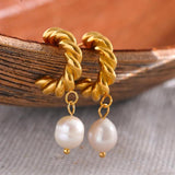 Twisted Texture Pearl Drop Earrings Golden PVD Waterproof Jewelry