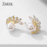 Simulated Pearl Stud Earrings with CZ Weddings Jewelry
