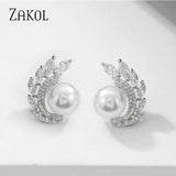 Simulated Pearl Stud Earrings with CZ Weddings Jewelry