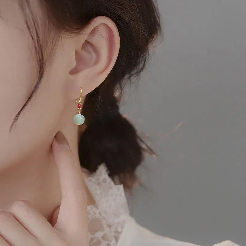 Hetian Jade Pearl Drop Earrings Chinese Hanfu Cosplay Ethnic Jewelry