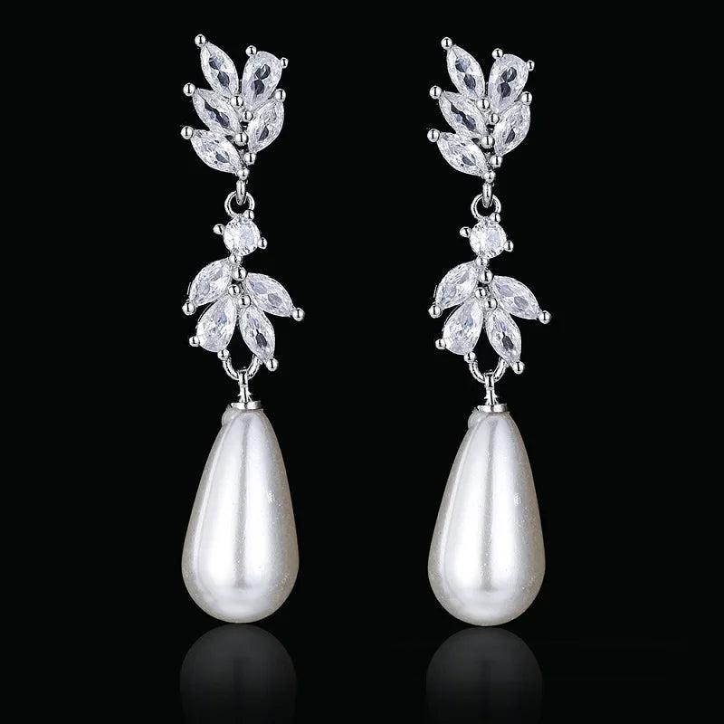 Water Drop Pearl Earrings for Women Leaf Zirconia Dangle Jewelry