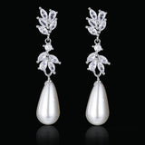 Water Drop Pearl Earrings for Women Leaf Zirconia Dangle Jewelry