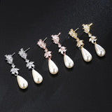 Water Drop Pearl Earrings for Women Leaf Zirconia Dangle Jewelry