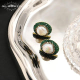 Vintage Baroque Pearl Stud Earrings Green