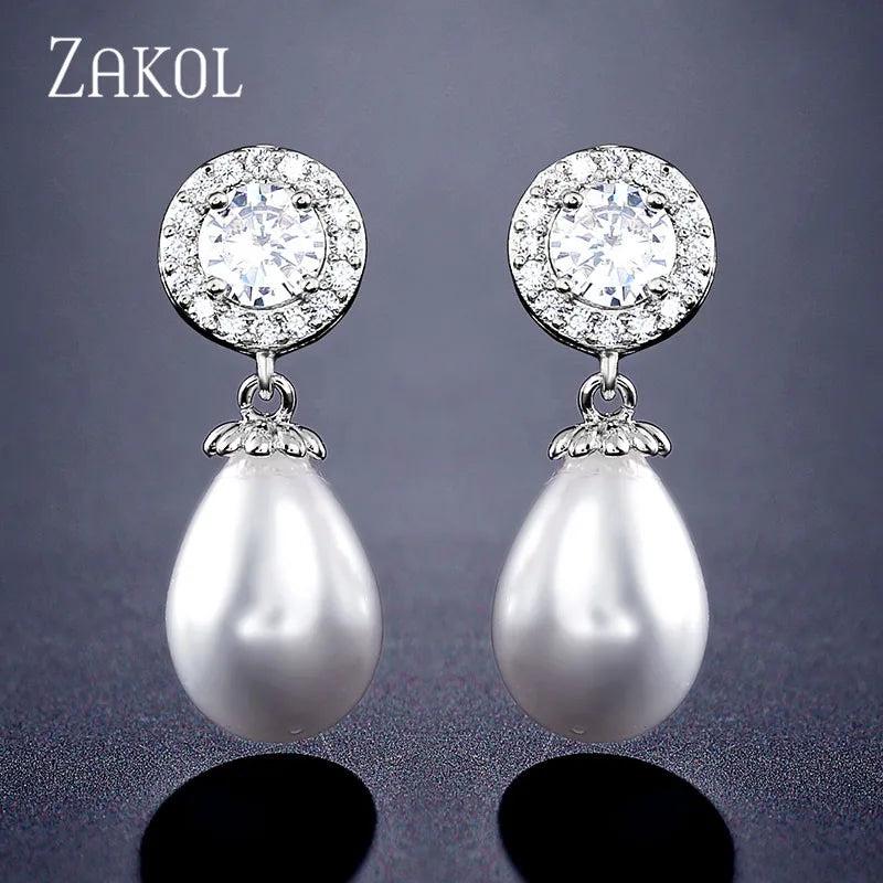 Pearl Dangle Earrings for Women Water Drop CZ Bridal Earring