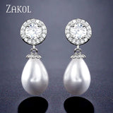Pearl Dangle Earrings for Women Water Drop CZ Bridal Earring
