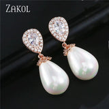 Pearl Dangle Earrings for Women Water Drop CZ Bridal Earring