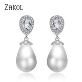 Pearl Dangle Earrings for Women Water Drop CZ Bridal Earring