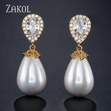 Pearl Dangle Earrings for Women Water Drop CZ Bridal Earring