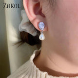 Pearl Dangle Earrings for Women Water Drop CZ Bridal Earring