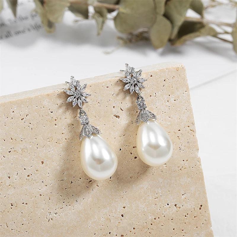 Zirconia Flower Dangle Earrings with Pearl for Wedding