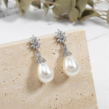 Zirconia Flower Dangle Earrings with Pearl for Wedding