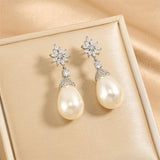 Zirconia Flower Dangle Earrings with Pearl for Wedding