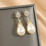 Zirconia Flower Dangle Earrings with Pearl for Wedding