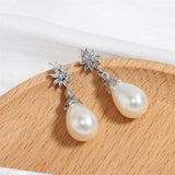 Zirconia Flower Dangle Earrings with Pearl for Wedding
