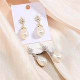 Zirconia Flower Dangle Earrings with Pearl for Wedding