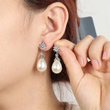 Zirconia Flower Dangle Earrings with Pearl for Wedding