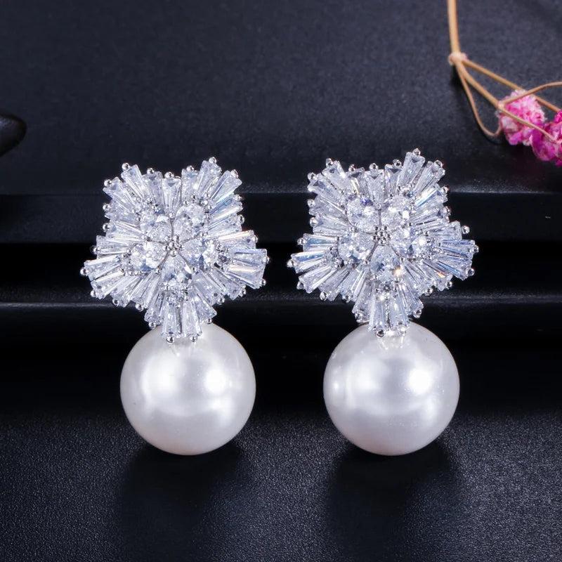 Pearl CZ Drop Bridal Wedding Party Earrings for Brides
