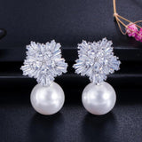 Pearl CZ Drop Bridal Wedding Party Earrings for Brides