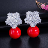 Pearl CZ Drop Bridal Wedding Party Earrings for Brides