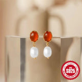 925 Silver Pearl Agate Earrings Retro Jewelry Women