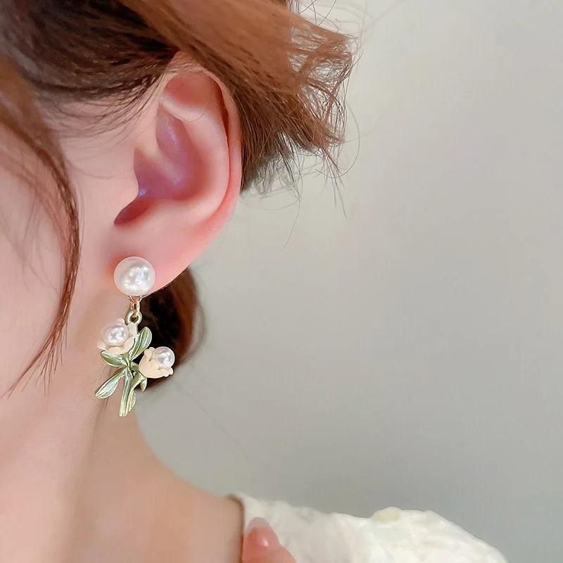 925 Silver Pearl Flower Drop Earrings Women Jewelry