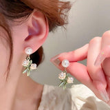 925 Silver Pearl Flower Drop Earrings Women Jewelry