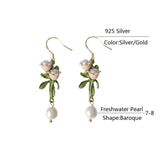 925 Silver Pearl Flower Drop Earrings Women Jewelry
