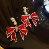 Red Bowknot Dangle Earrings with Pearls & Rhinestones