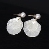 Mother of Pearl Double Carve Shell Leaf Dangle Hook Earrings Jewelry