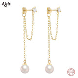 925 Silver Zircon Tassel Earrings With Pearl Charm