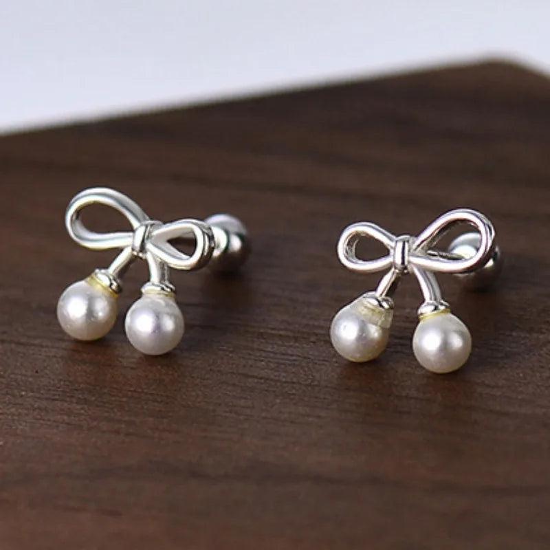 925 Silver Bowknot Pearl Stud Earrings for Women Classic Hollow Earring