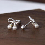 925 Silver Bowknot Pearl Stud Earrings for Women Classic Hollow Earring