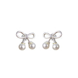 925 Silver Bowknot Pearl Stud Earrings for Women Classic Hollow Earring