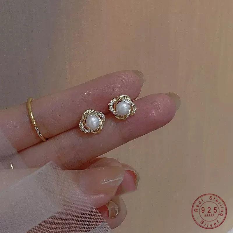 925 Silver Vintage Zircon Pearl Flower Stud Earrings for Women