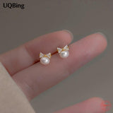 925 Silver CZ Bowknot Stud Earrings with Pearl