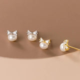 925 Silver CZ Bowknot Stud Earrings with Pearl