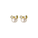 925 Silver CZ Bowknot Stud Earrings with Pearl