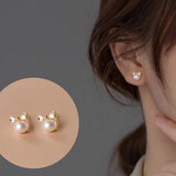 925 Silver CZ Bowknot Stud Earrings with Pearl