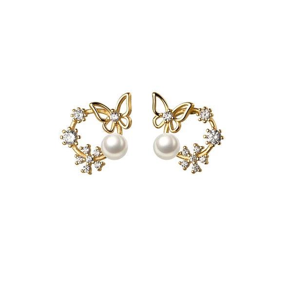 925 Silver Zircon Pearl Butterfly Stud Earrings for Women