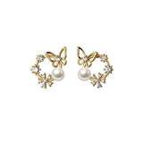 925 Silver Zircon Pearl Butterfly Stud Earrings for Women