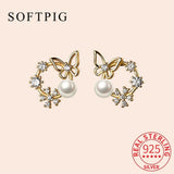 925 Silver Zircon Pearl Butterfly Stud Earrings for Women