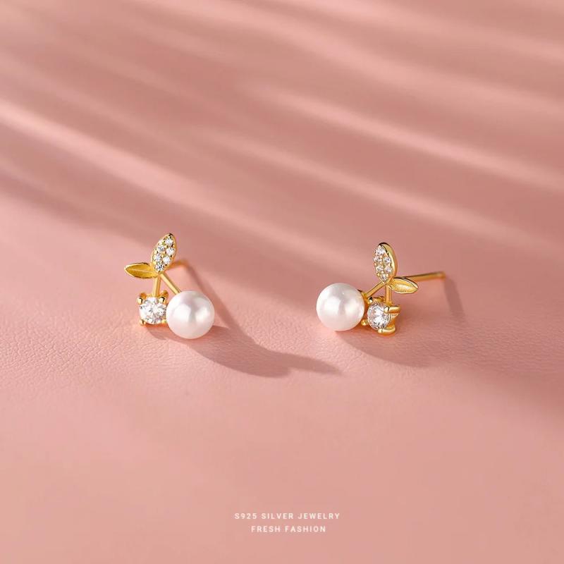 925 Silver Shell Pearl Cherry Stud Earrings Zircon Wedding Jewelry