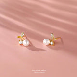 925 Silver Shell Pearl Cherry Stud Earrings Zircon Wedding Jewelry