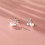 925 Silver Shell Pearl Cherry Stud Earrings Zircon Wedding Jewelry