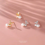925 Silver Shell Pearl Cherry Stud Earrings Zircon Wedding Jewelry